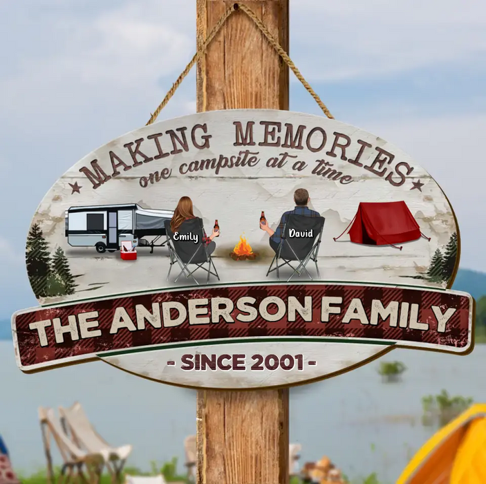 Personalized Camping Family Wooden Sign - Gift Idea For Couple Camping Lovers - Couple/Adult With Up to 3 Kids And 3 Pets