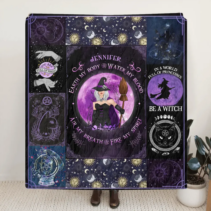 Personalized Witch Quilt/Fleece Throw Blanket - Halloween Gift Idea For Witch Lovers - Earth My Body Water My Blood Air My Breath Fire My Spirit