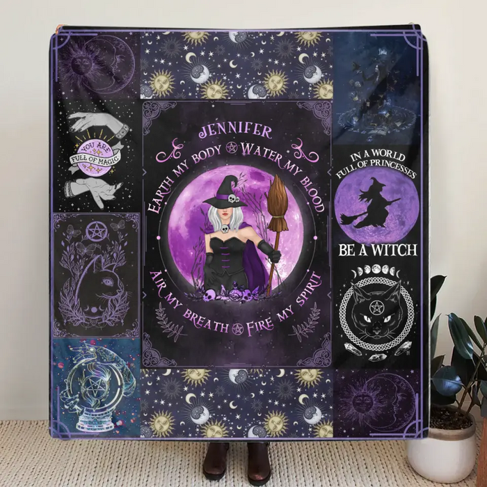 Personalized Witch Quilt/Fleece Throw Blanket - Halloween Gift Idea For Witch Lovers - Earth My Body Water My Blood Air My Breath Fire My Spirit