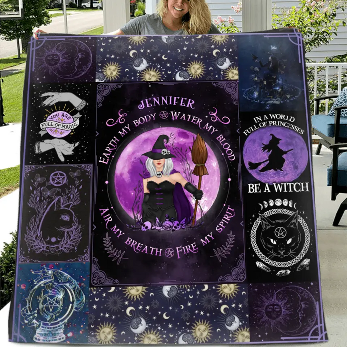 Personalized Witch Quilt/Fleece Throw Blanket - Halloween Gift Idea For Witch Lovers - Earth My Body Water My Blood Air My Breath Fire My Spirit