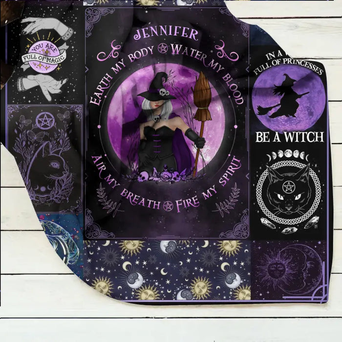 Personalized Witch Quilt/Fleece Throw Blanket - Halloween Gift Idea For Witch Lovers - Earth My Body Water My Blood Air My Breath Fire My Spirit