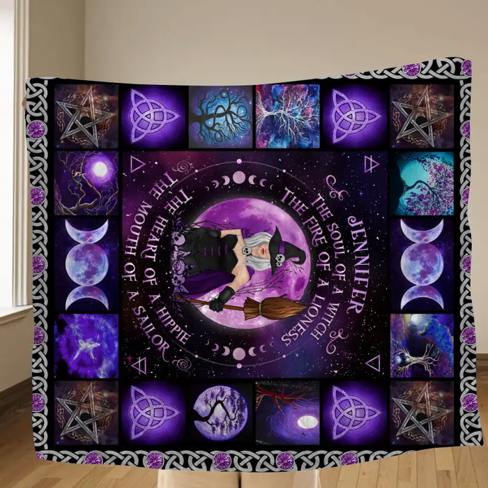 Personalized Witch Fleece Throw Blanket & Quilt - Halloween Gift Idea For Witch Lovers - The Soul of A Witch The Fire Of A Lioness
