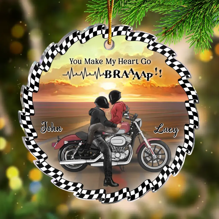 Personalized Biker Couple Acrylic Ornament - Gift Idea For Couple & Biker Lover - You Make My Heart Go Braaaap!