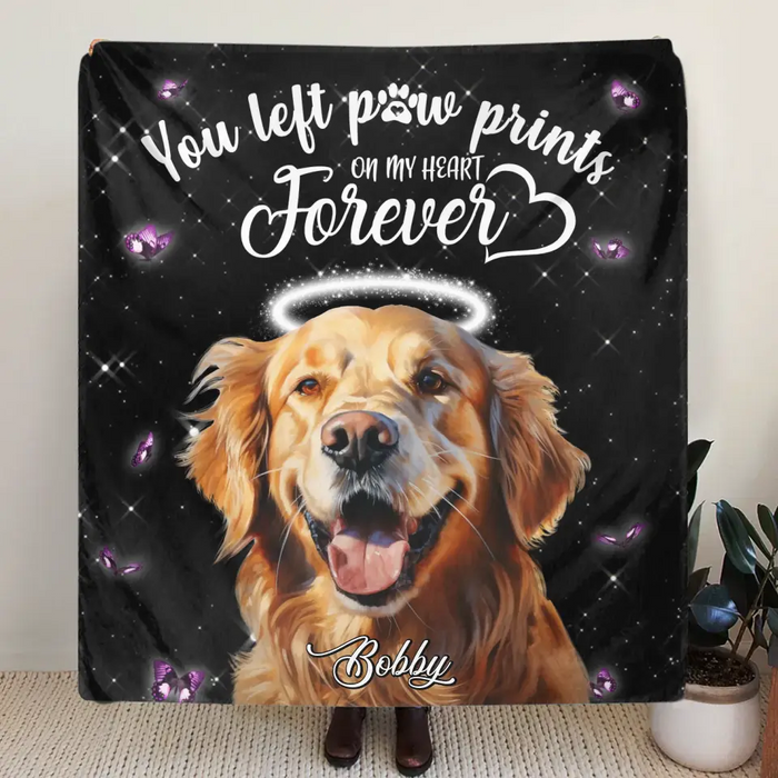 Personalized Memorial Pet Photo Fleece Throw Blanket & Quilt - Custom Pet Portrait - Memorial Gift Idea For Dog/Cat Lover - You Left Paw Prints On My Heart Forever