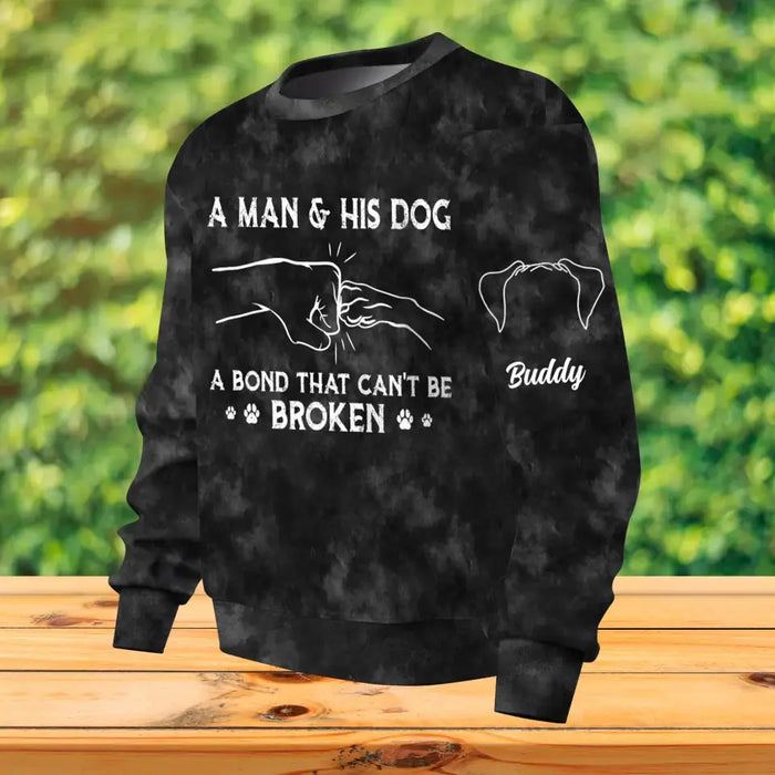 Personalized Dog Dad AOP Sweater - Up to 3 Dogs - Christmas Gift for Dog Lovers - A Man & His Dog A Bond That Can't Be Broken