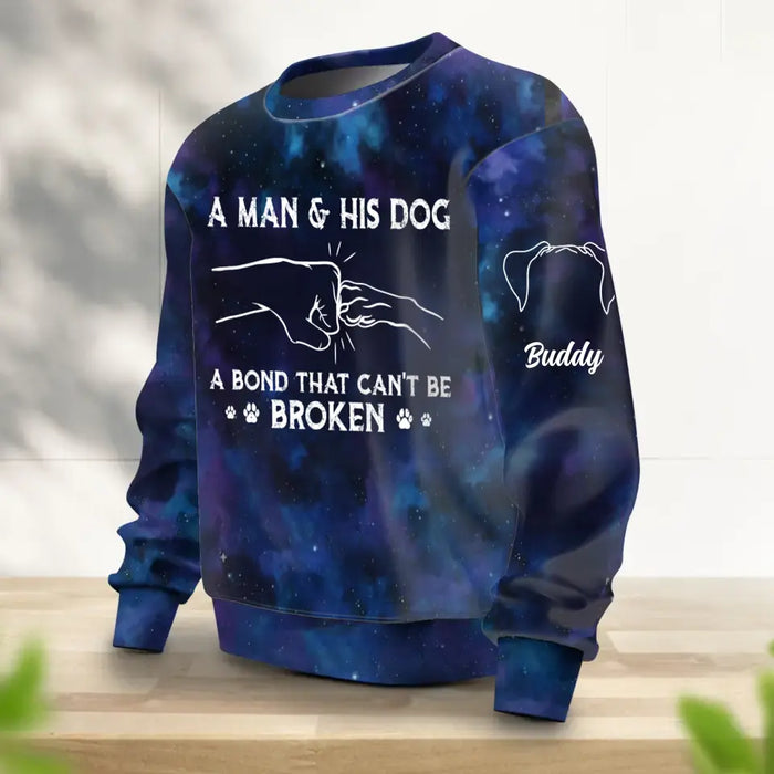Personalized Dog Dad Galaxy Black Blue Sweater - Up to 3 Dogs - Christmas Gift for Dog Lovers - A Man & His Dog A Bond That Can't Be Broken