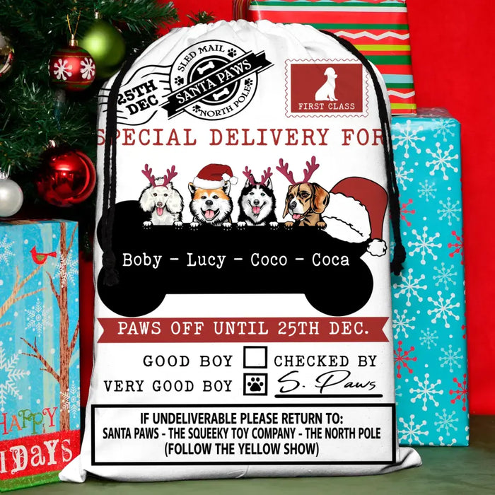 Personalized Dog Santa Sack - Gift Idea For Christmas/Dogs Lover - Up to 4 Dogs - Paws Off Until 25th December