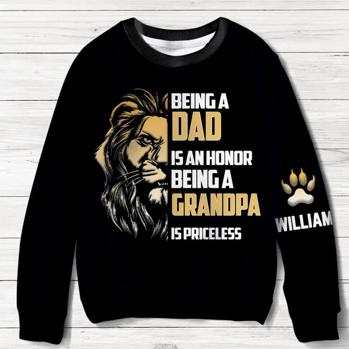 Personalized Lion AOP Sweater - Up to 10 Children - Gift Idea for Father/Grandpa/Family - Being A Dad Is An Honor Being A Grandpa Is Priceless
