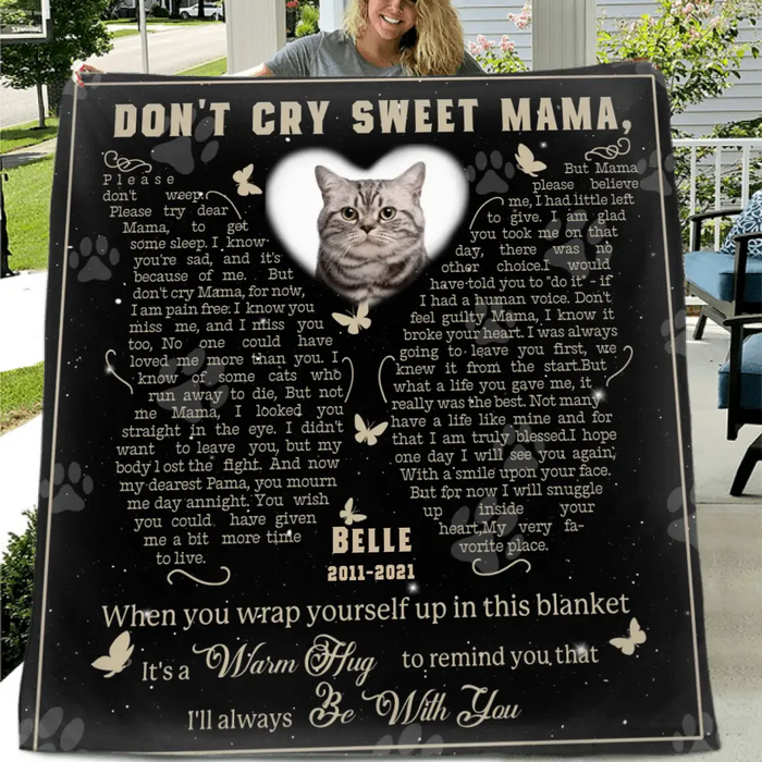 Personalized Memorial Fleece Throw Blanket & Quilt - Memorial Gift Idea For Pet Lover - Upload Photo - Don't Cry Sweet Mama