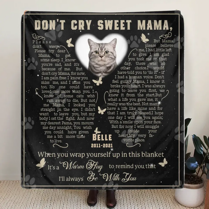Personalized Memorial Fleece Throw Blanket & Quilt - Memorial Gift Idea For Pet Lover - Upload Photo - Don't Cry Sweet Mama