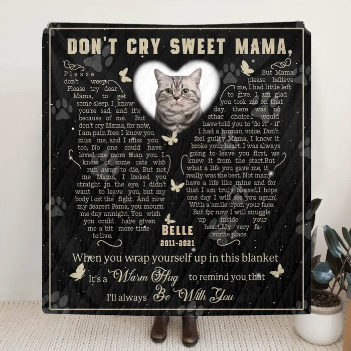 Personalized Memorial Fleece Throw Blanket & Quilt - Memorial Gift Idea For Pet Lover - Upload Photo - Don't Cry Sweet Mama