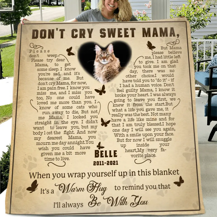 Personalized Memorial Fleece Throw Blanket & Quilt - Memorial Gift Idea For Pet Lover - Upload Photo - Don't Cry Sweet Mama