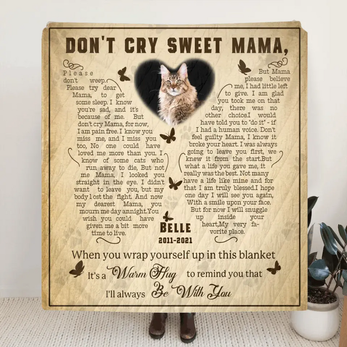 Personalized Memorial Fleece Throw Blanket & Quilt - Memorial Gift Idea For Pet Lover - Upload Photo - Don't Cry Sweet Mama