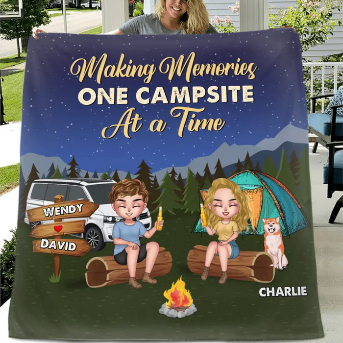 Personalized Camping Fleece Throw Blanket & Quilt - Gift Idea For Couple/Dog Lovers - Making Memories One Campsite At A Time