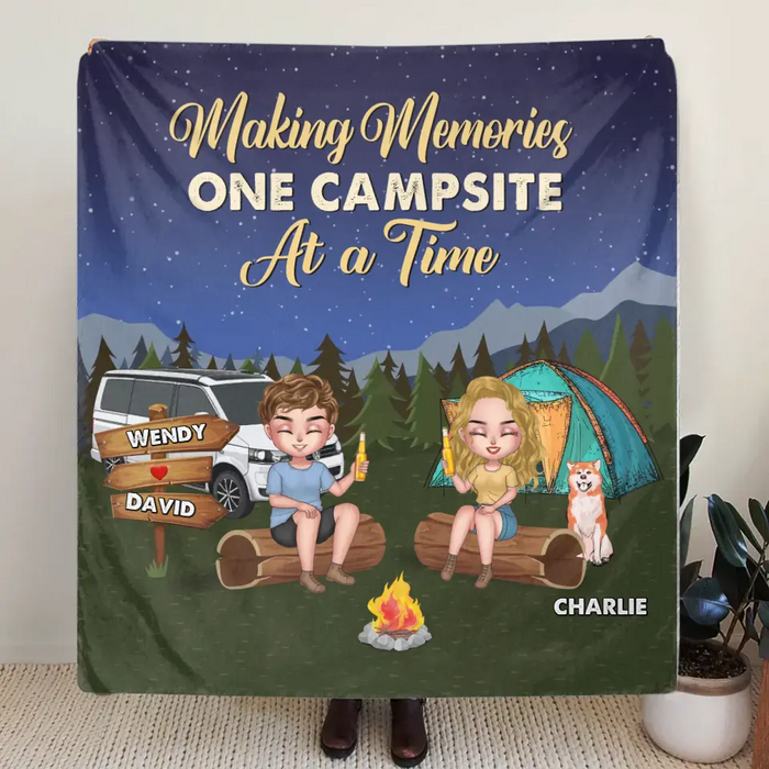 Personalized Camping Fleece Throw Blanket & Quilt - Gift Idea For Couple/Dog Lovers - Making Memories One Campsite At A Time