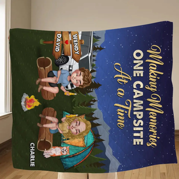Personalized Camping Fleece Throw Blanket & Quilt - Gift Idea For Couple/Dog Lovers - Making Memories One Campsite At A Time