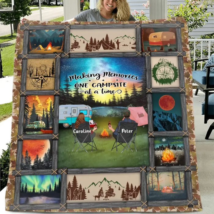 Personalized Camping Fleece Throw Blanket & Quilt - Gift Idea For Couple/Camping Lovers/Pet Lover - Making Memories One Campsite At A Time