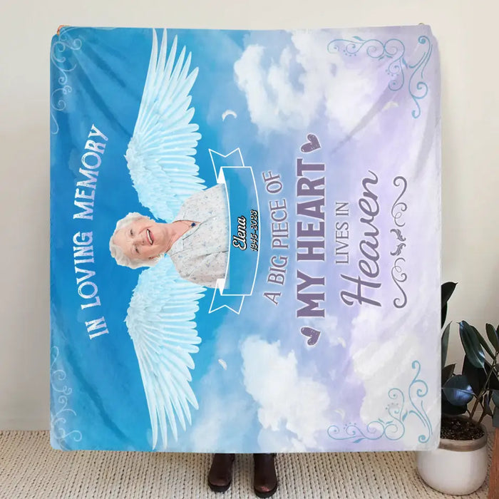 Personalized Memorial Photo Fleece Throw Blanket - Memorial Gift Idea For Family Member - A Big Piece Of My Heart Lives In Heaven