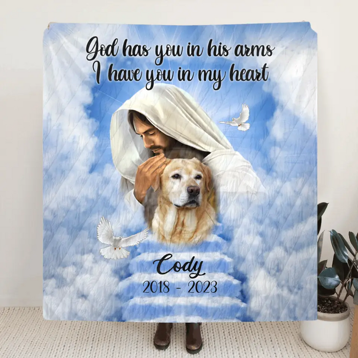 Personalized Memorial Pet Fleece Throw Blanket & Quilt - Upload Photo - Memorial Gift Idea For Pet Owners - God Has You In His Arms I Have You In My Heart