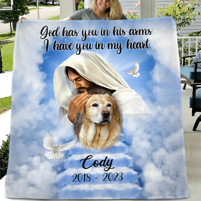 Personalized Memorial Pet Fleece Throw Blanket & Quilt - Upload Photo - Memorial Gift Idea For Pet Owners - God Has You In His Arms I Have You In My Heart