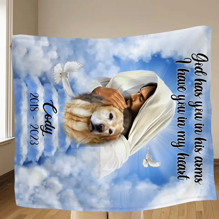 Personalized Memorial Pet Fleece Throw Blanket & Quilt - Upload Photo - Memorial Gift Idea For Pet Owners - God Has You In His Arms I Have You In My Heart