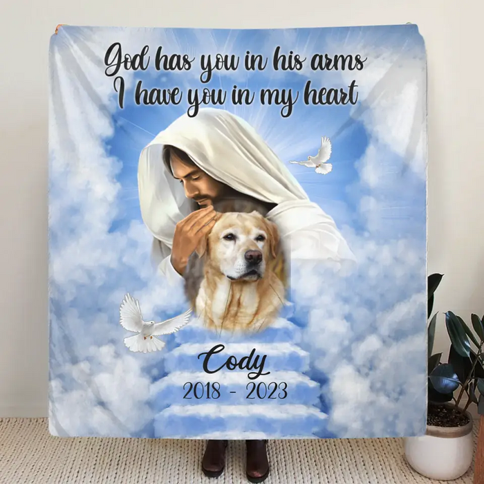 Personalized Memorial Pet Fleece Throw Blanket & Quilt - Upload Photo - Memorial Gift Idea For Pet Owners - God Has You In His Arms I Have You In My Heart