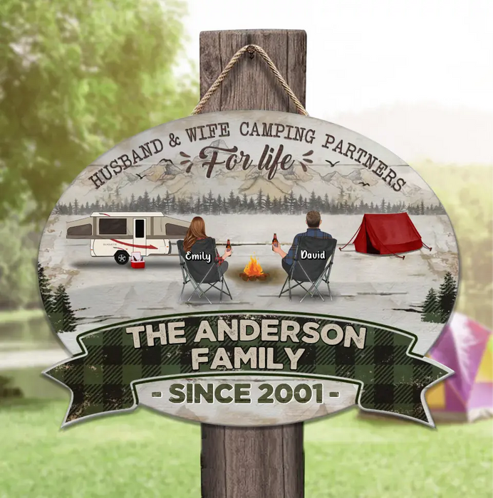 Personalized Camping Wooden Sign - Gift Idea For Camping Lovers/Couple/Family - Husband & Wife Camping Partners For Life