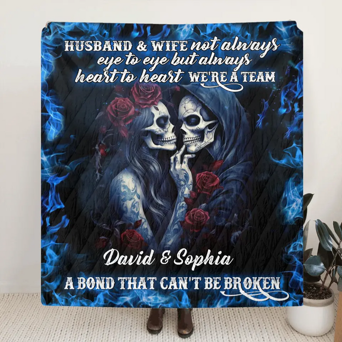 Personalized Skull Couple Quilt/Fleece Throw Blanket - Memorial Gift Idea For Him/Her - Husband & Wife Not Always Eye To Eye