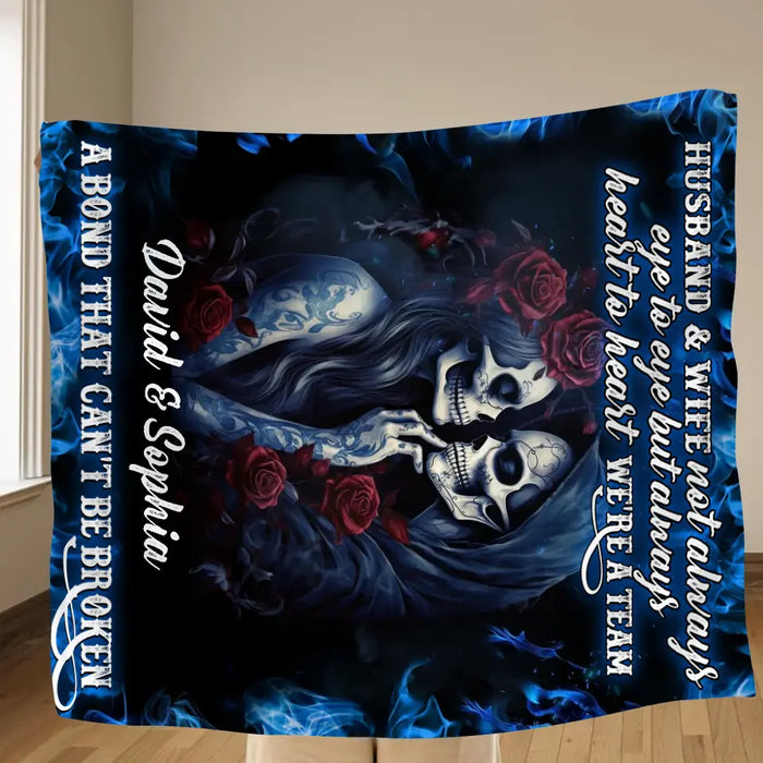 Personalized Skull Couple Quilt/Fleece Throw Blanket - Memorial Gift Idea For Him/Her - Husband & Wife Not Always Eye To Eye