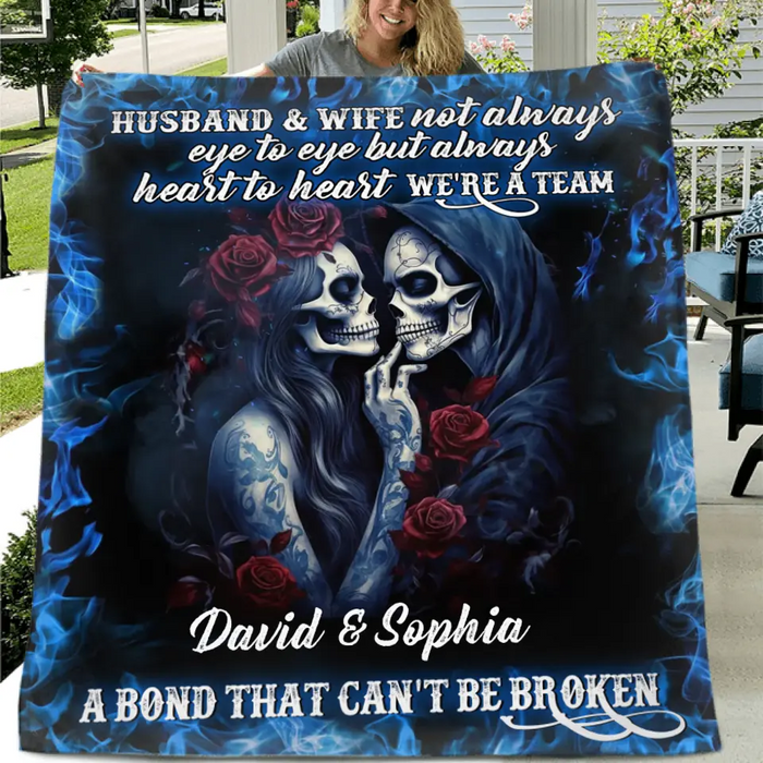 Personalized Skull Couple Quilt/Fleece Throw Blanket - Memorial Gift Idea For Him/Her - Husband & Wife Not Always Eye To Eye