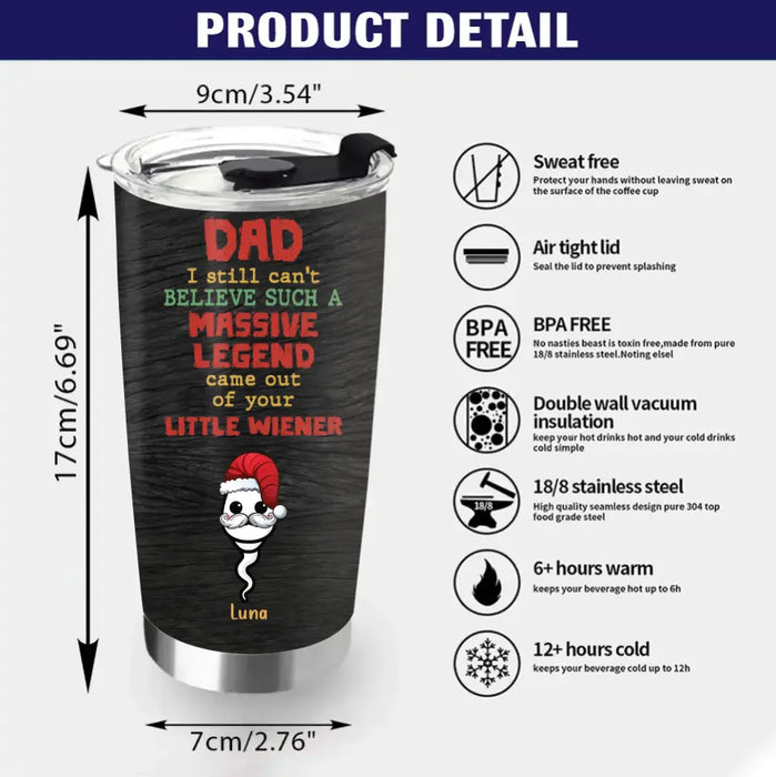 Personalized Christmas Dad Tumbler - Up to 6 Sperms Kids - Christmas Gift Idea For Dad - I Still Can't Believe Such A Massive Legend Came Out Of Your Little Wiener