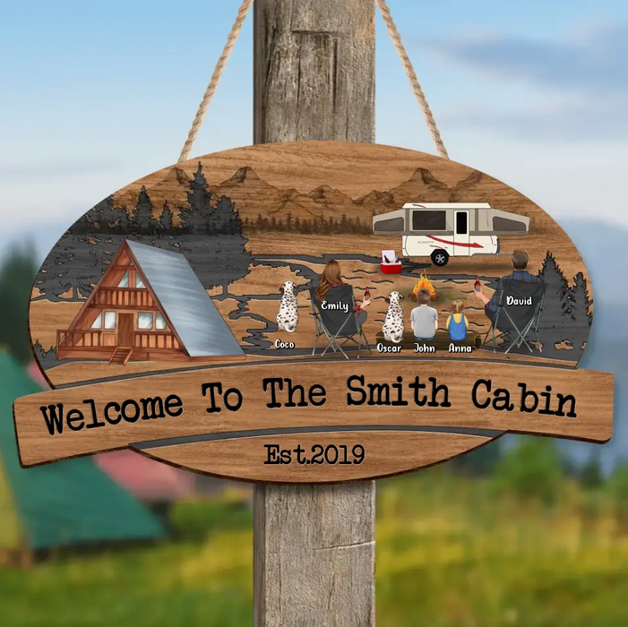 Personalized Camping Couple Wooden Sign - Gift Idea For Camping Lover/Couple - Couple/Parents With Up to 2 Kids And 3 Pets - Welcome To The Smith Cabin
