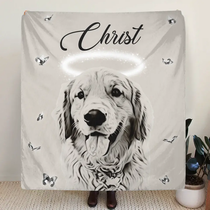 Personalized Memorial Pet Pen Art Portrait Fleece Throw Blanket - Upload Photo - Memorial Gift Idea For Dog/Cat Lover