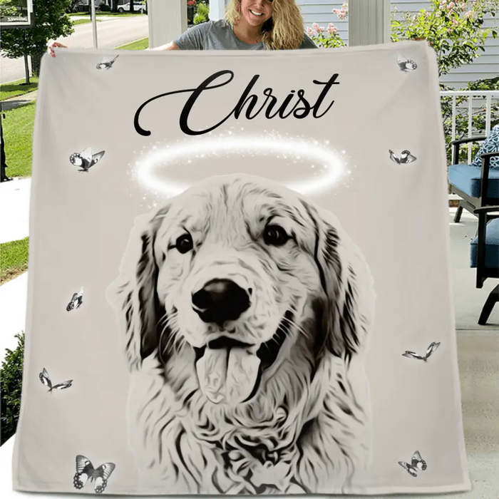 Personalized Memorial Pet Pen Art Portrait Fleece Throw Blanket - Upload Photo - Memorial Gift Idea For Dog/Cat Lover