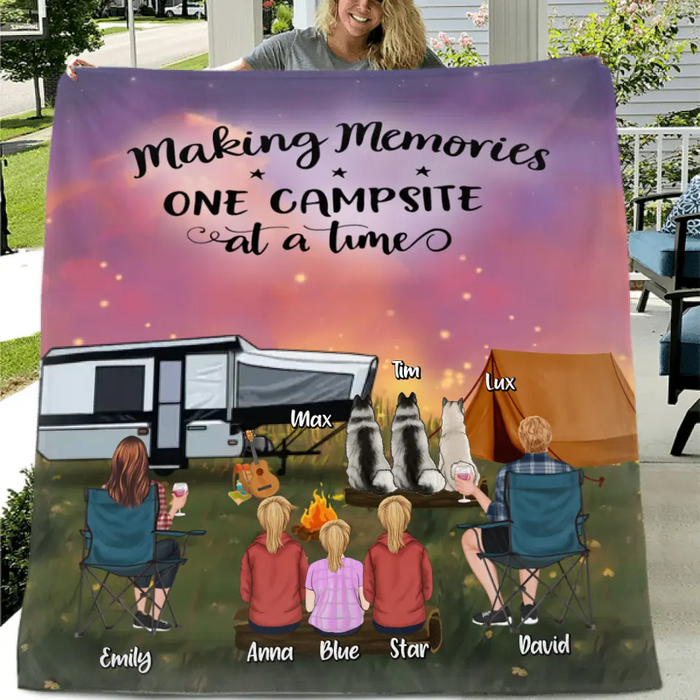 Personalized Camping Couple/Family Fleece Throw Blanket/Quilt - Up to 3 Kids And 4 Pets - Gift Idea For Camping Lover - Making Memories One Campsite At A Time