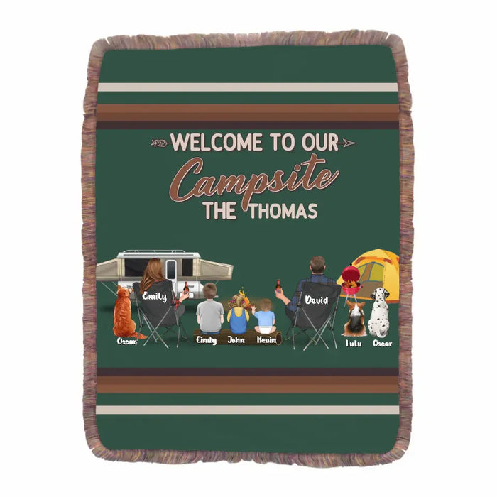 Personalized Camping Fringe Blanket - Gift Idea For Family/Camping Lovers/Pet Lovers - Up to 3 Kids, 3 Pets - Welcome To Our Campsite