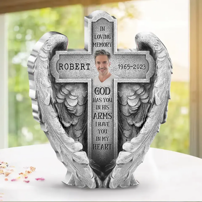 Personalized Memorial Wings Acrylic Plaque - Upload Photo - Memorial Gift Idea For Christmas/Family Member - God Has You In His Arms I Have You In My Heart
