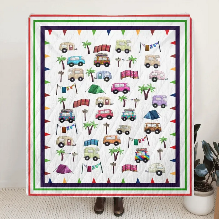Cute Camping Camper Fleece Throw Blanket & Quilt - Gift Idea For Camping Lovers