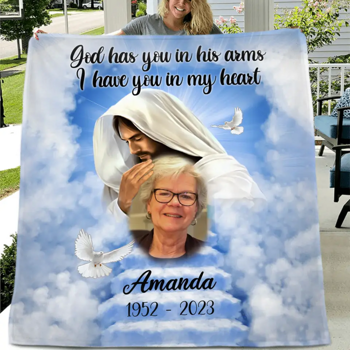 Personalized Memorial Fleece Throw Blanket & Quilt - Upload Photo - Memorial Gift Idea For Family Member - God Has You In His Arms I Have You In My Heart