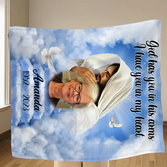 Personalized Memorial Fleece Throw Blanket & Quilt - Upload Photo - Memorial Gift Idea For Family Member - God Has You In His Arms I Have You In My Heart