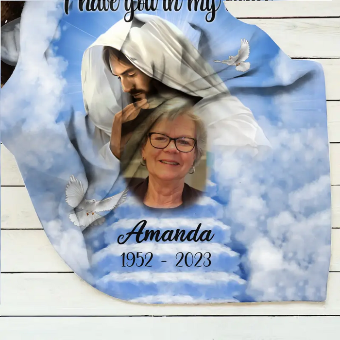 Personalized Memorial Fleece Throw Blanket & Quilt - Upload Photo - Memorial Gift Idea For Family Member - God Has You In His Arms I Have You In My Heart