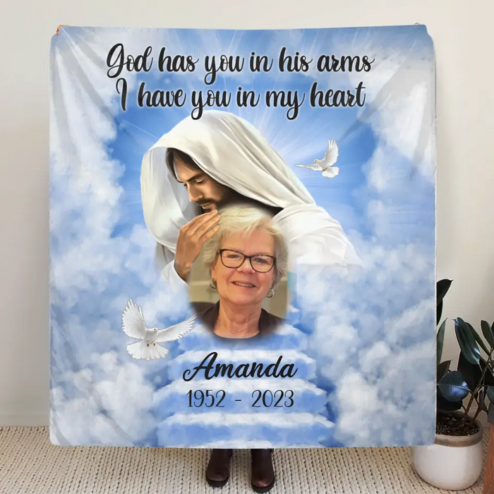 Personalized Memorial Fleece Throw Blanket & Quilt - Upload Photo - Memorial Gift Idea For Family Member - God Has You In His Arms I Have You In My Heart