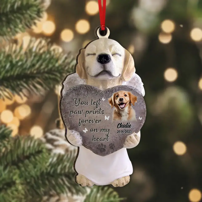 Personalized Dog Memorial Wooden Ornament - You Left Paw Prints Forever On My Heart - Upload Dog Photo - Memorial Gift Idea For Christmas/Dog Owner