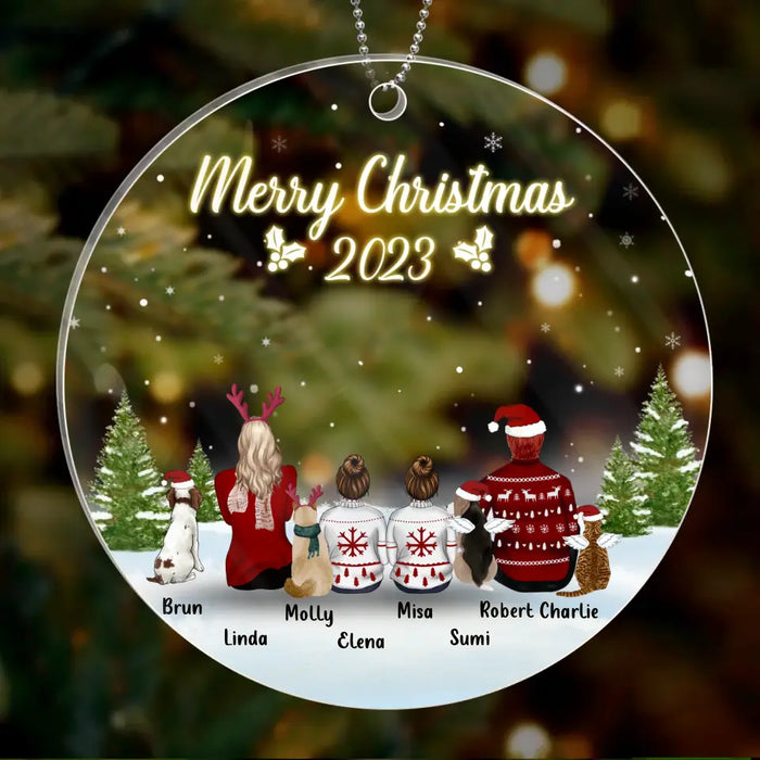 Personalized Family & Pet Circle Acrylic Ornament - Up to 2 Kids, 4 Pets - Christmas Gift Idea For Family/Pet Lovers - Merry Christmas 2023