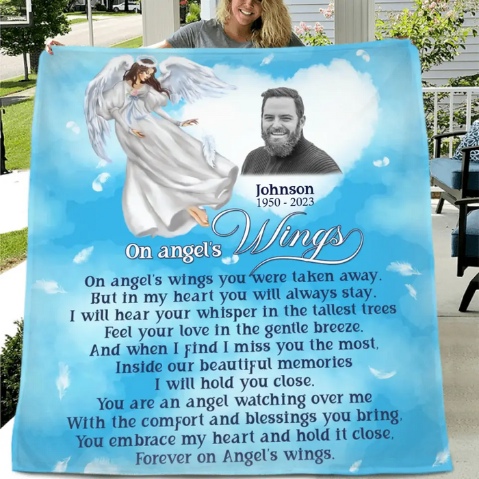 Personalized Memorial Fleece Throw Blanket & Quilt - Upload Photo - Memorial Gift Idea For Family Member - Forever On Angel's Wings