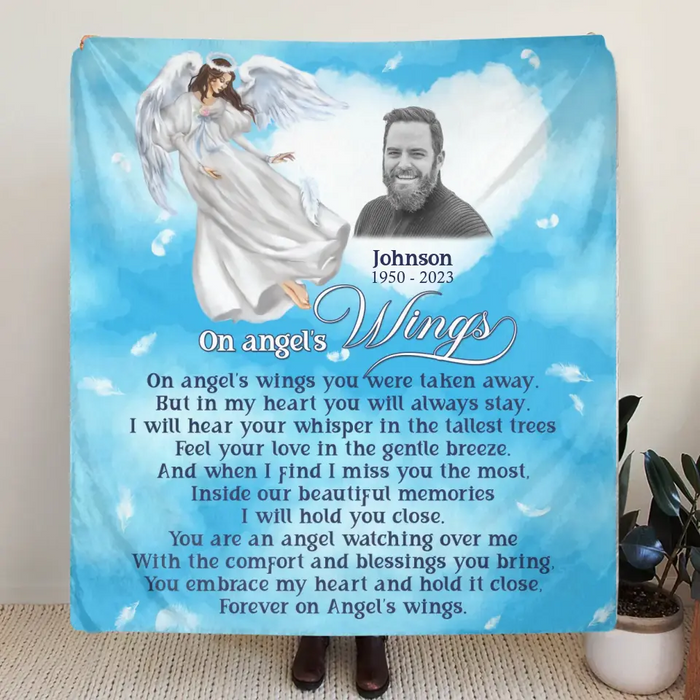 Personalized Memorial Fleece Throw Blanket & Quilt - Upload Photo - Memorial Gift Idea For Family Member - Forever On Angel's Wings