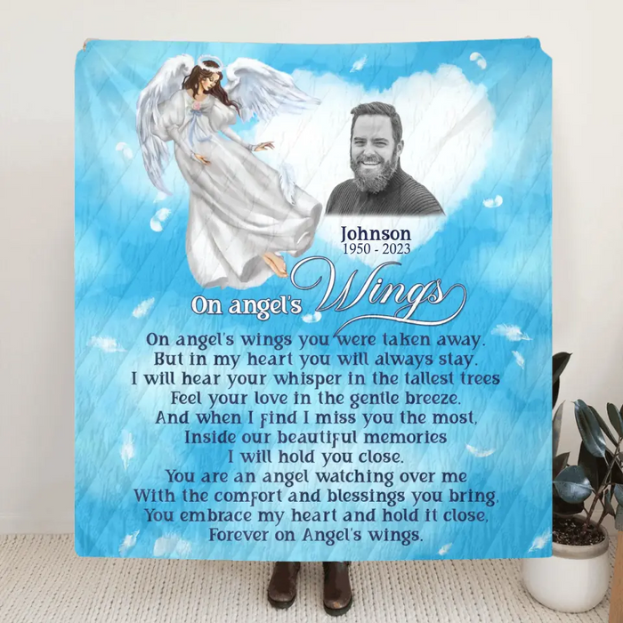 Personalized Memorial Fleece Throw Blanket & Quilt - Upload Photo - Memorial Gift Idea For Family Member - Forever On Angel's Wings