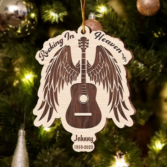 Personalized Memorial Guitar Lovers Wooden Ornament - Memorial Gift Idea - Rocking In Heaven