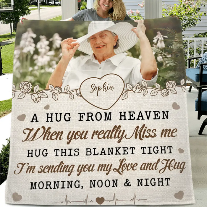 Personalized Memorial Fleece Throw Blanket & Quilt - Upload Photo - Memorial Gift Idea For Family Member - A Hug From Heaven
