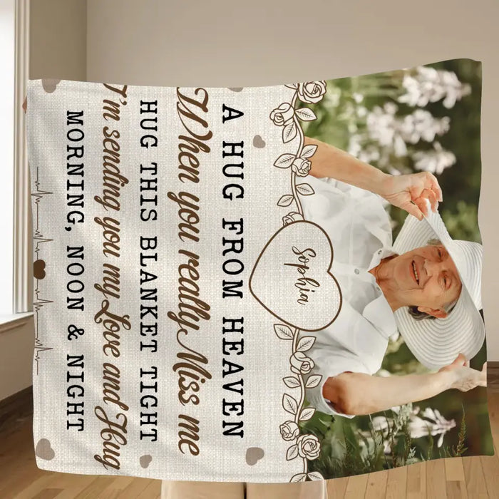 Personalized Memorial Fleece Throw Blanket & Quilt - Upload Photo - Memorial Gift Idea For Family Member - A Hug From Heaven
